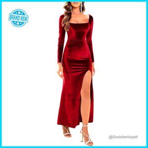 Velvet Long Sleeve Bodycon Maxi Dress Square Neck High Waist Slit Party